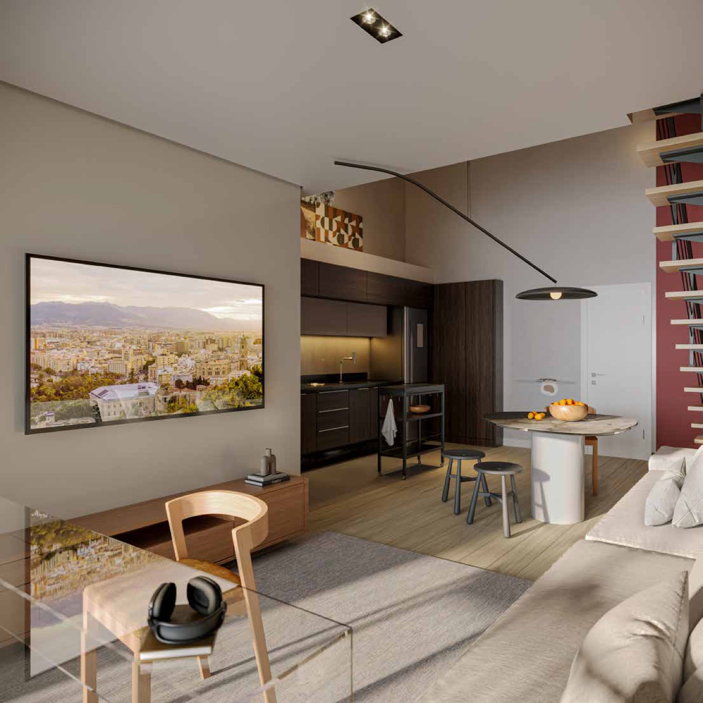 Loft com mezanino — living e cozinha