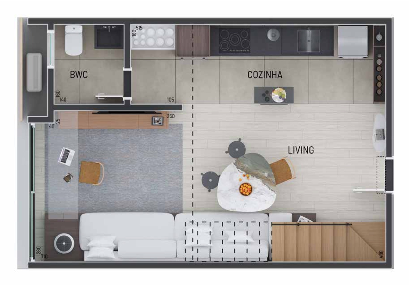 Planta do loft com mezanino